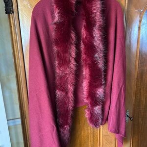 Elegant Burgundy Faux Fur Trim Cashmere Shawl 30” X 72”